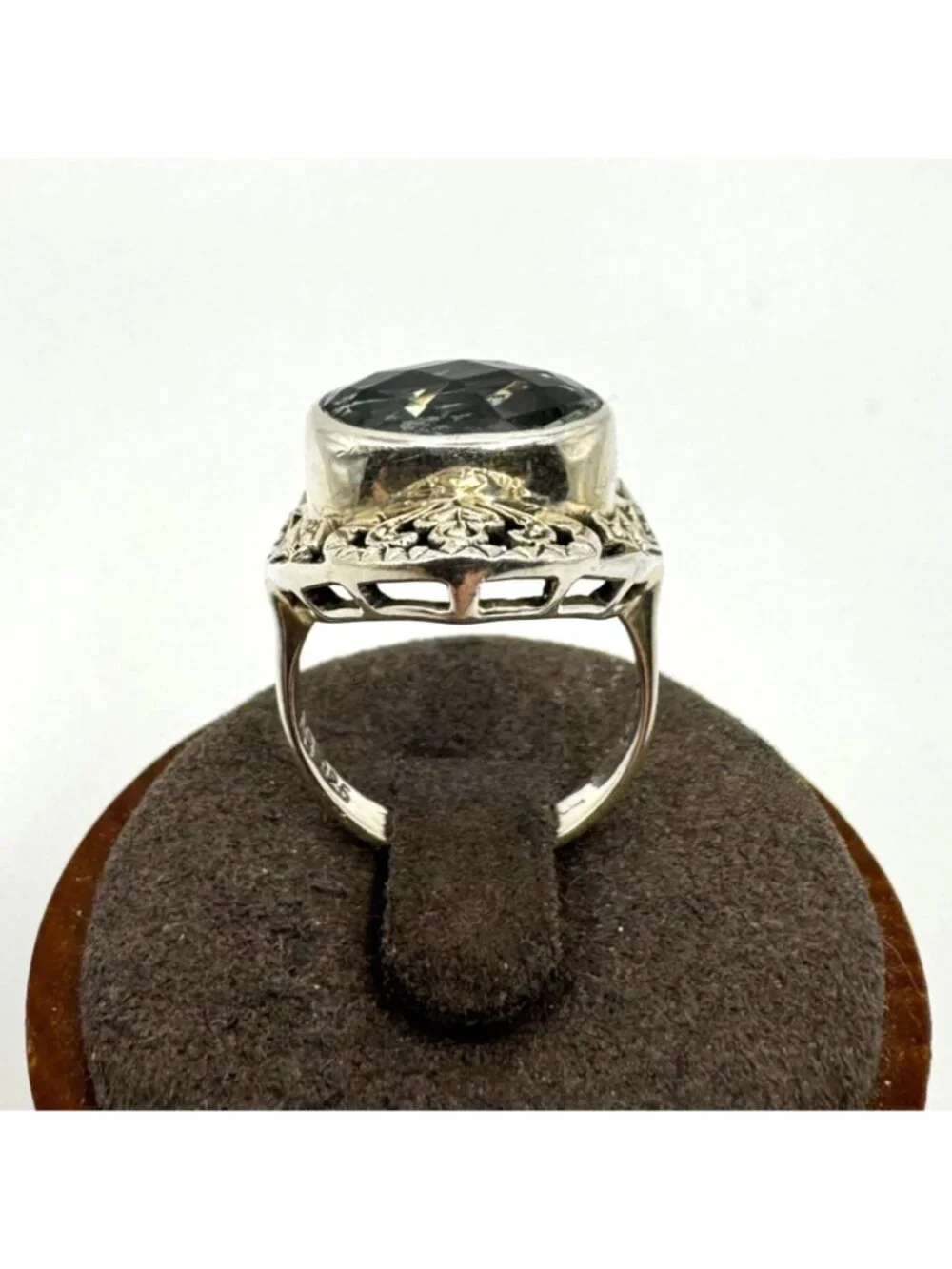 Green Amethyst Scroll Heart Design Statement Ring Sterling Silver 925 Size 6.75